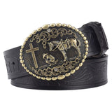 Cross and Horse Leather Belt Fashion Ｍetal Buckle Rodeo for Cowboy