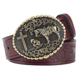 Cross and Horse Leather Belt Fashion Ｍetal Buckle Rodeo for Cowboy