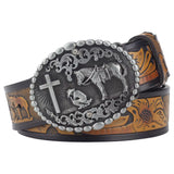 Cross and Horse Leather Belt Fashion Ｍetal Buckle Rodeo for Cowboy